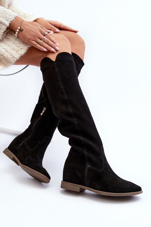 Zazoo 3407 en daim bottes hauteur genou avec des talons larges couleur noire