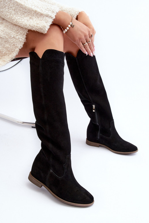 Zazoo 3407 en daim bottes hauteur genou avec des talons larges couleur noire