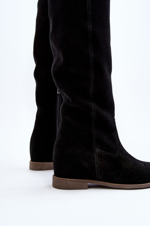 Zazoo 3407 en daim bottes hauteur genou avec des talons larges couleur noire