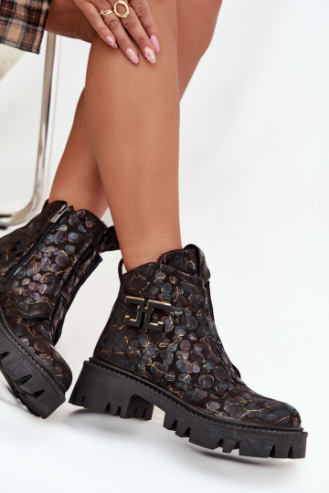 Zwart-gouden leren warme damesankle boots met ornamenten Artiker 57C2084