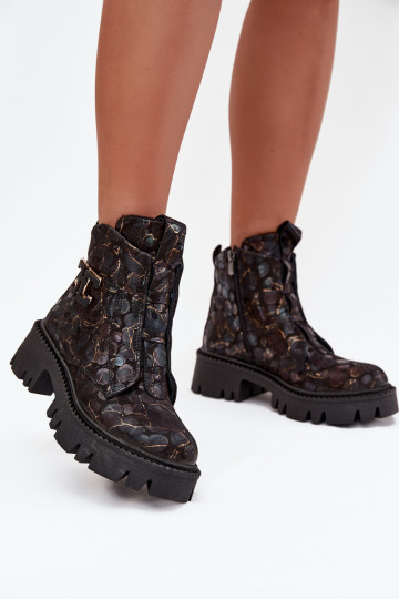 Zwart-gouden leren warme damesankle boots met ornamenten Artiker 57C2084 2