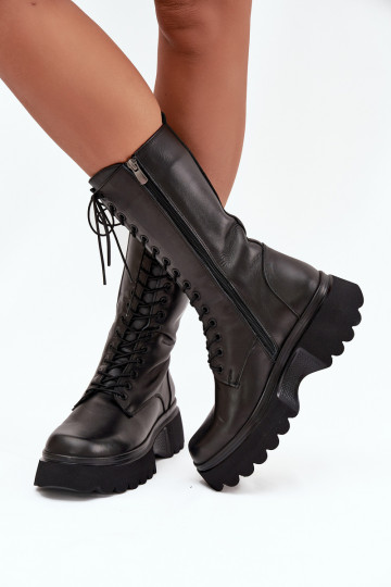 Zwarte leren warme hoge laarzen met platform Artiker 57C2282