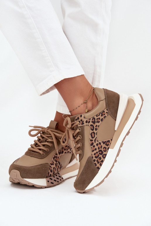 Leer Sneakers model schoenen Dames met platform met luipaardbontpatronen Artiker 55C0089 bruine kleur