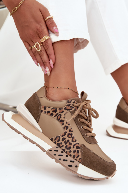 Leer Sneakers model schoenen Dames met platform met luipaardbontpatronen Artiker 55C0089 bruine kleur