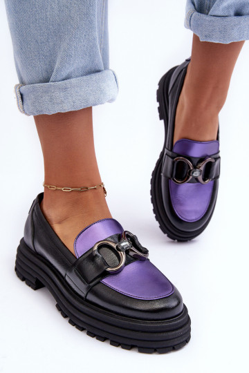 Bottines en cuir à semelle massive Noir et-Couleur violette Elkiza