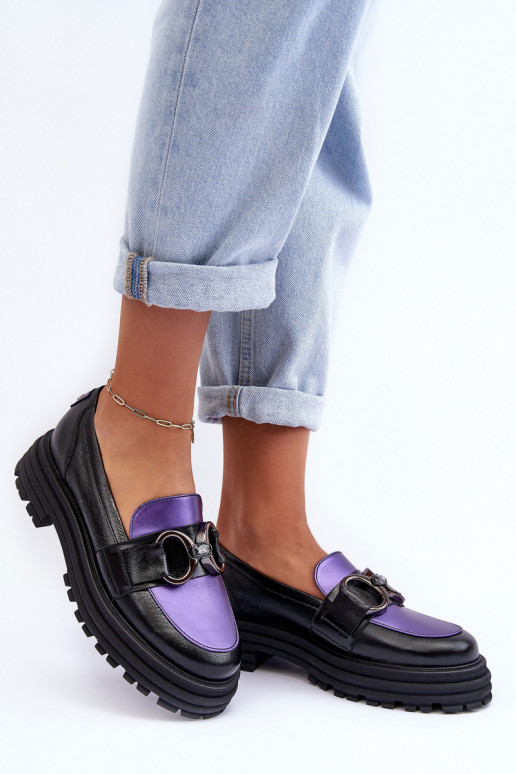 Bottines en cuir à semelle massive Noir et-Couleur violette Elkiza