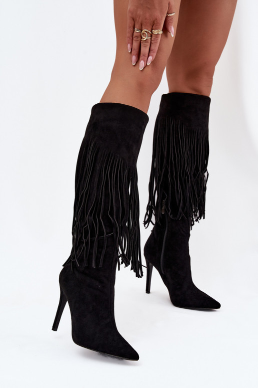 Bottes longues pour femmes noires avec petits talons et franges Isalune