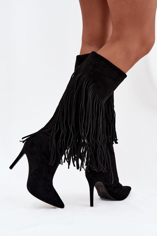 Bottes longues pour femmes noires avec petits talons et franges Isalune