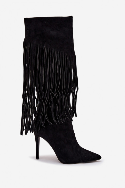 Bottes longues pour femmes noires avec petits talons et franges Isalune