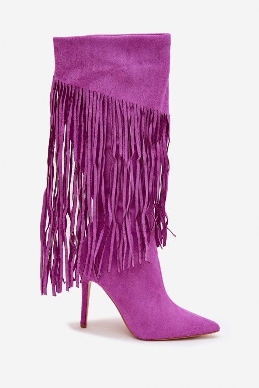 Bottes longues pour femmes avec petits talons et franges couleur violette Isalune Bottes longues pour femmes avec petits talons et franges couleur violette Isalune