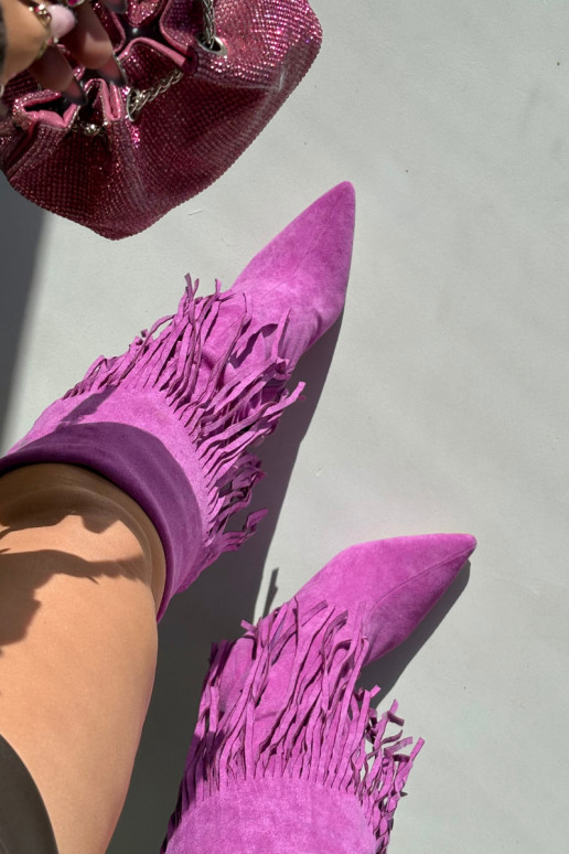 Damenstiefel über das Knie mit dünnen Absätzen und Fransen in Violett Isalune Damenstiefel über das Knie mit dünnen Absätzen und Fransen in Violett Isalune