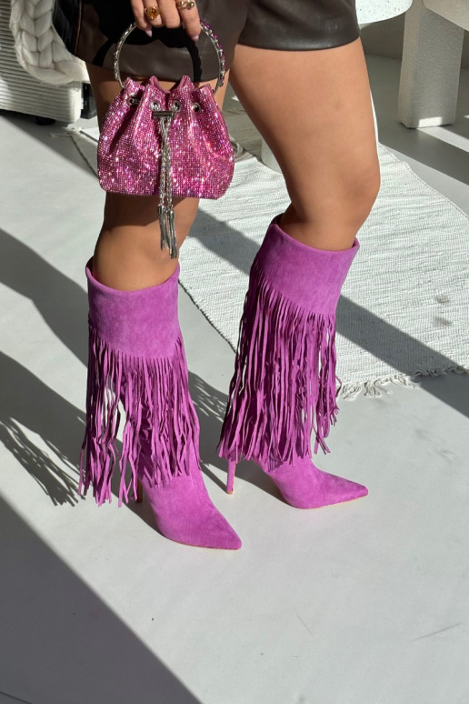 Bottes longues pour femmes avec petits talons et franges couleur violette Isalune Bottes longues pour femmes avec petits talons et franges couleur violette Isalune