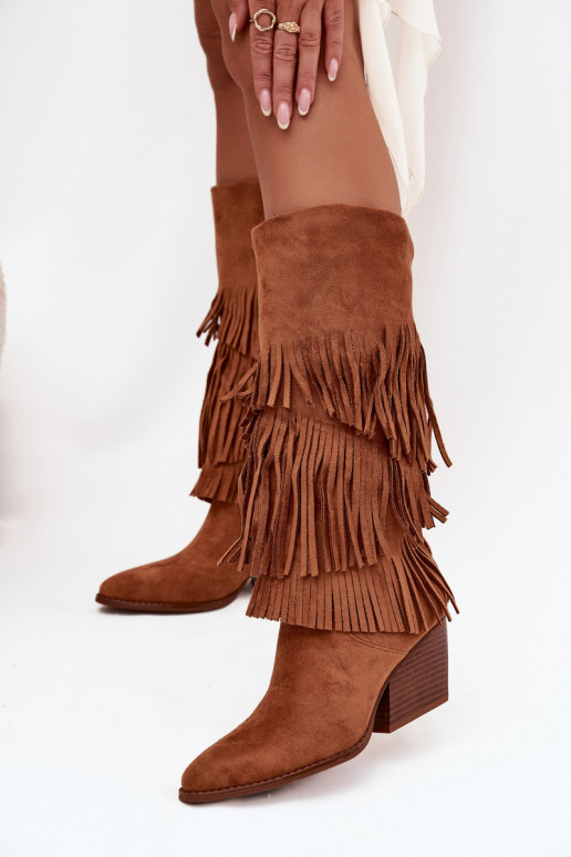 Bottes longues en style cowboy pour femmes avec franges, doublées, de couleur marron Brivina Bottes longues en style cowboy pour femmes avec franges, doublées, de couleur marron Brivina