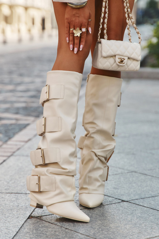 Dames lange laarzen met hakken, ingenaaide zool en gouden gespen ivoorkleurig Isavelle