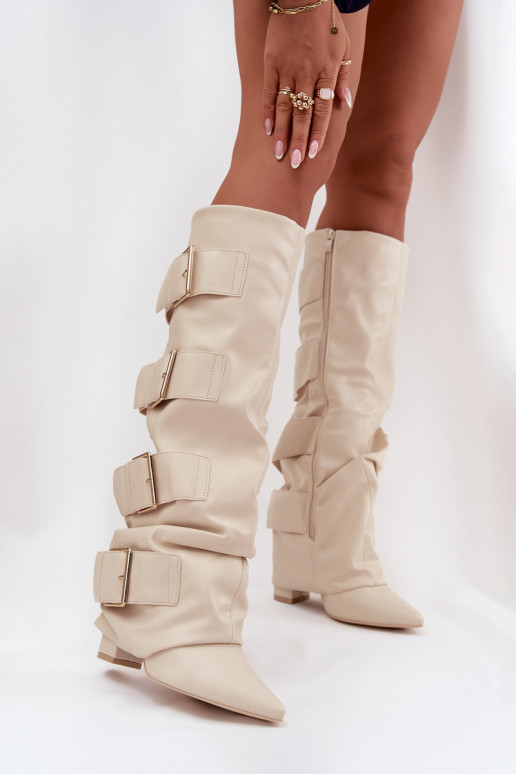 Bottes montantes pour femmes à talons, empeigne cousue et boucles dorées couleur ivoire Isavelle