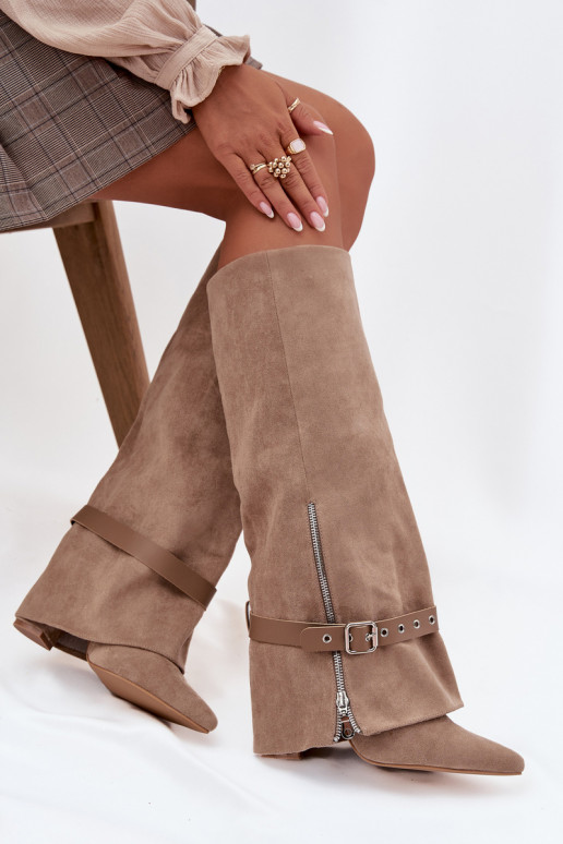 Dames lange laarzen instapmodel met hakken, met versierde hakken zandkleurig Jolivine