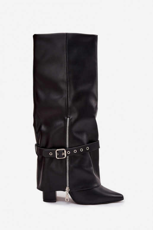 Bottes montantes à enfiler pour femmes avec talons décorés en éco-cuir noir Jolivine Bottes montantes à enfiler pour femmes avec talons décorés en éco-cuir noir Jolivine