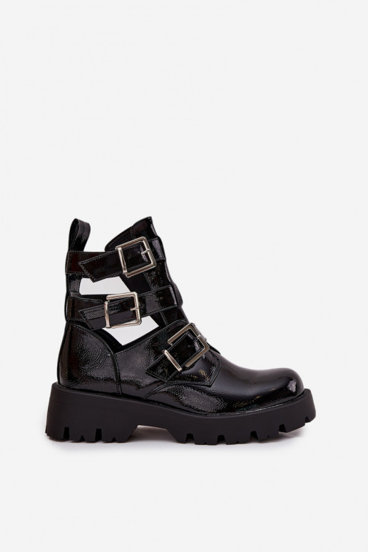 Lackierte Damenstiefeletten mit Riemen und silberfarbenen Schnallen in Schwarz "Helisse"