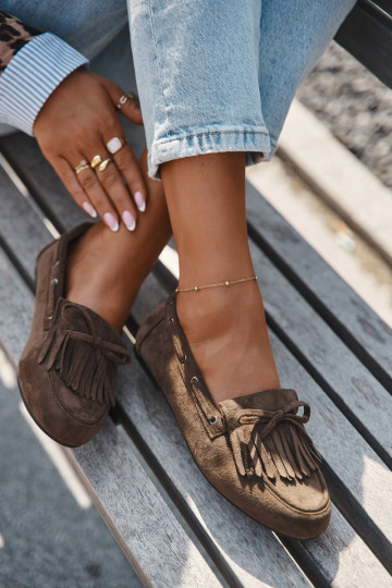 Mocassins pour femmes avec franges et nœud couleur chaki "Olivianne"