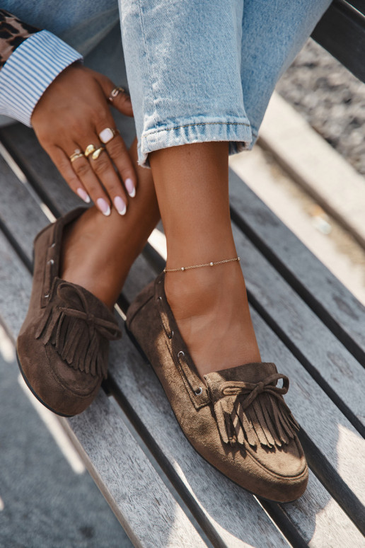 Mocassins pour femmes avec franges et nœud couleur chaki "Olivianne"