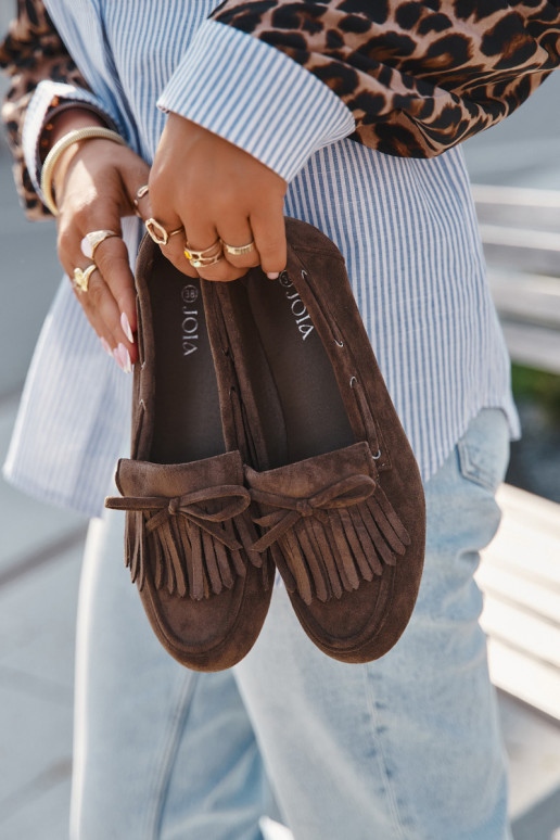 Damesmokassins met franjes en strik in kaki "Olivianne"