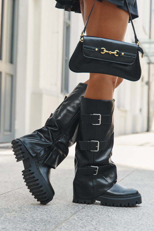 Bottes longues pour femmes isolées avec boucles argentées couleur noire "Isavine"