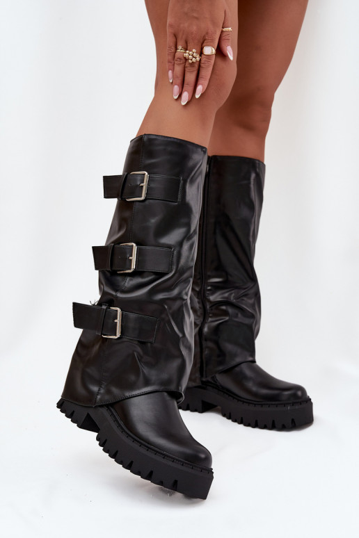 Bottes longues pour femmes isolées avec boucles argentées couleur noire "Isavine"