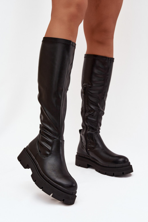 Bottes longues pour femmes avec plateforme en simili cuir noir Turirivelle