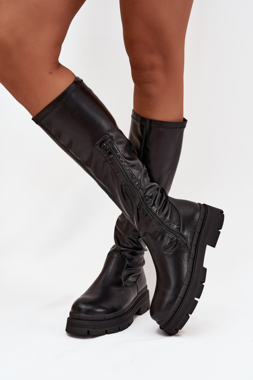 Bottes longues pour femmes avec plateforme en simili cuir noir Turirivelle