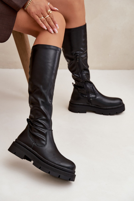 Bottes longues pour femmes avec plateforme en simili cuir noir Turirivelle