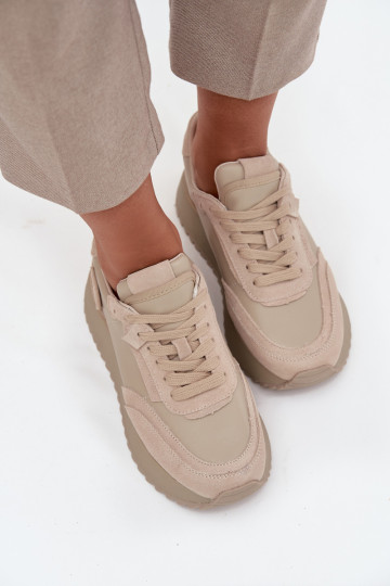 Leer Sneakers model schoenen Dames met platform Artiker 55C0021 beige