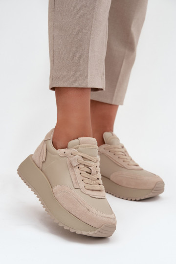 Leren dames sneakers met plateau Artiker 55C0021, zandkleur 2