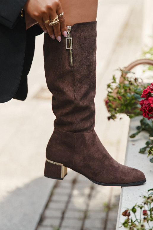 Braune Damenlangschaftstiefel aus Eco-Suede mit kleinen Absätzen Lyvienne