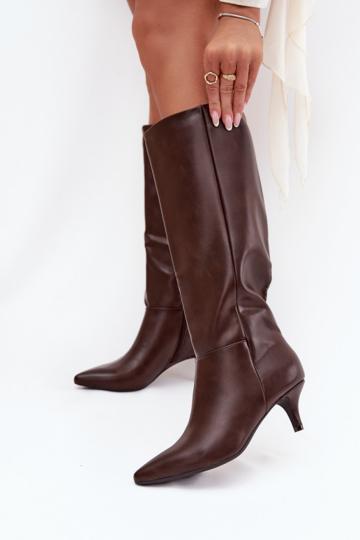 Damen lange Stiefel mit niedrigem Absatz, gefüttert, aus Eco-Leder, schokoladenfarben, Turircellia Damen lange Stiefel mit niedrigem Absatz, gefüttert, aus Eco-Leder, schokoladenfarben, Turircellia