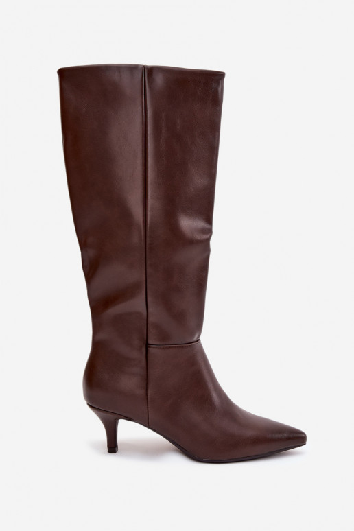 Damen lange Stiefel mit niedrigem Absatz, gefüttert, aus Eco-Leder, schokoladenfarben, Turircellia Damen lange Stiefel mit niedrigem Absatz, gefüttert, aus Eco-Leder, schokoladenfarben, Turircellia