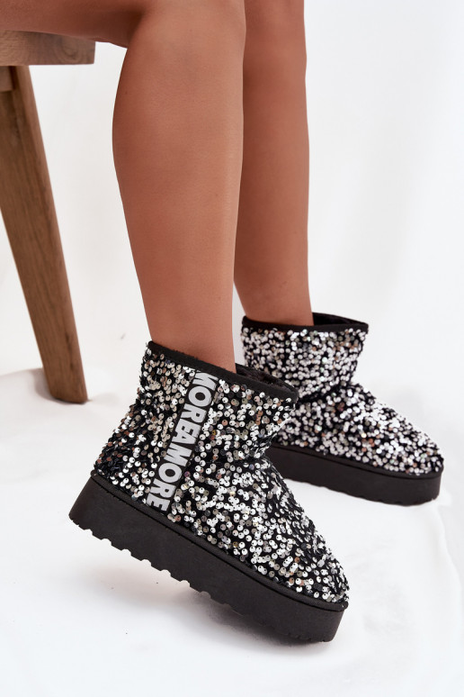 Bottes de neige Féminin avec une plateforme Décoré de paillettes Noir et-couleur argent Silmo