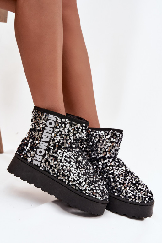 Bottes de neige Féminin avec une plateforme Décoré de paillettes Noir et-couleur argent Silmo