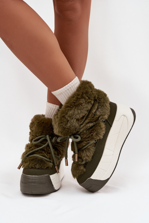Schneestiefel Feminin mit einer Plattform mit stilvollen Details und ein Pelzmantel Khaki-Farbe-Farbe Kalivira