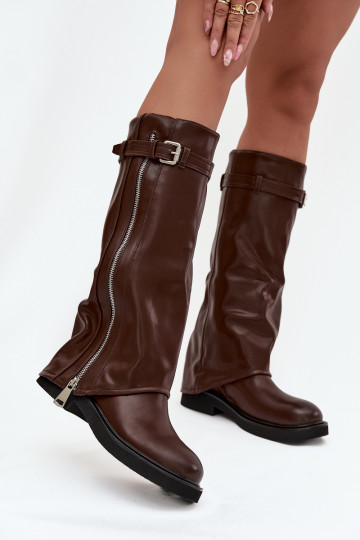 Bottes longues pour femmes avec tige évasée, boucles et fermeture éclair argentée, isolées, couleur marron Bressa 2