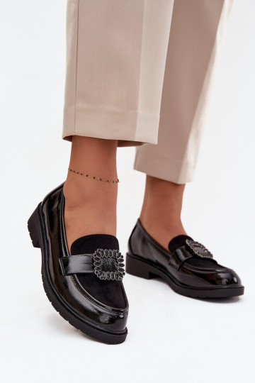Dames lakkleurige mocassins, versierd met gespen, S.Barski HY52-546 in zwarte kleur 2
