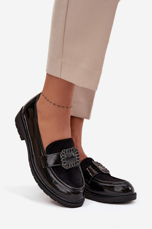 Lackierte Mokassins Feminin dekorieren mit Schnallen S.Barski HY52-546 schZuarze Farbe