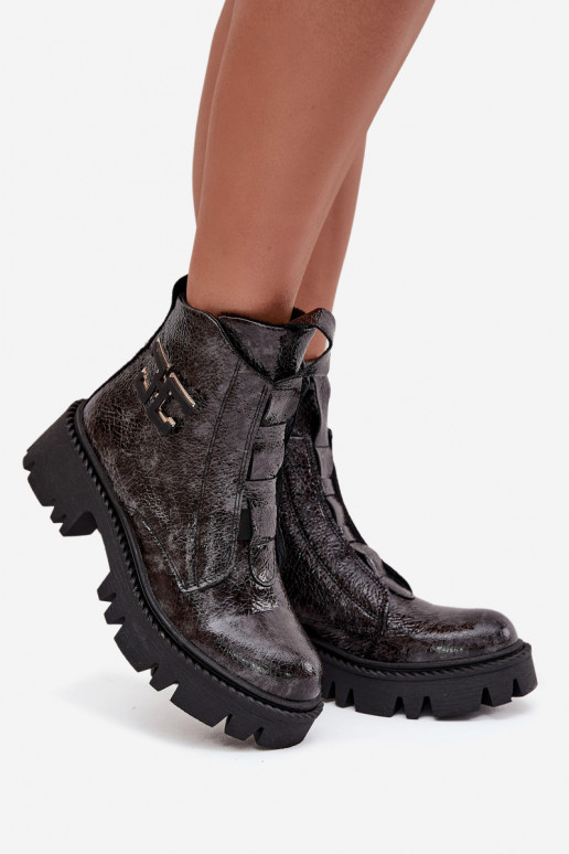 Haut mit Lackeffekt Damenstiefel mit Ornamenten sich Zuarm laufen Artiker 57C2081 graue Farbe