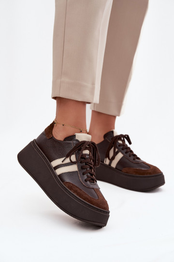 Leer Sneakers model schoenen Dames met platform Zazoo 3775 CzekoladoIne