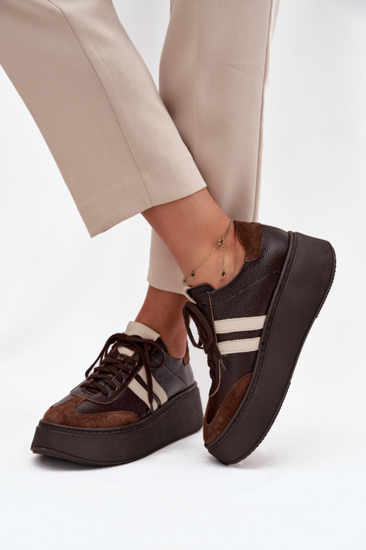 Leer Sneakers model schoenen Dames met platform Zazoo 3775 CzekoladoIne