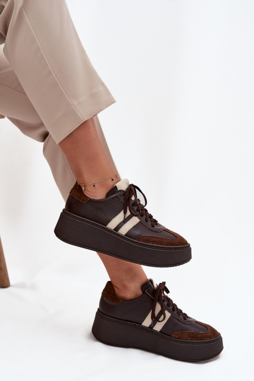 Leer Sneakers model schoenen Dames met platform Zazoo 3775 CzekoladoIne