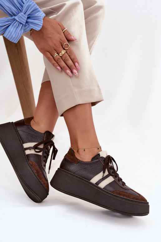 Leer Sneakers model schoenen Dames met platform Zazoo 3775 CzekoladoIne