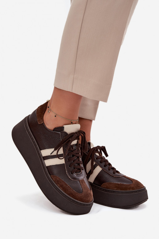 Leer Sneakers model schoenen Dames met platform Zazoo 3775 CzekoladoIne