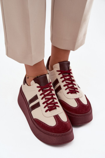 Leren dames sportieve schoenen met platform "Zazoo" 3775 zand-bordeaux kleur