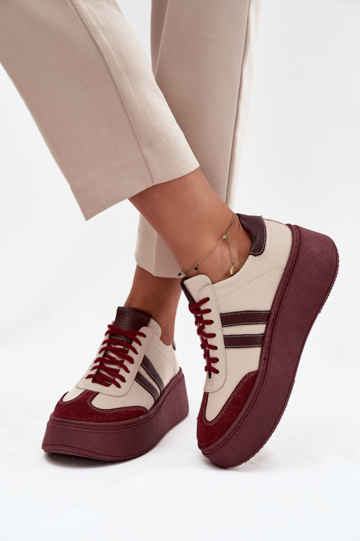 Leer Sneakers model schoenen Dames met platform Zazoo 3775 beige-bordeaux