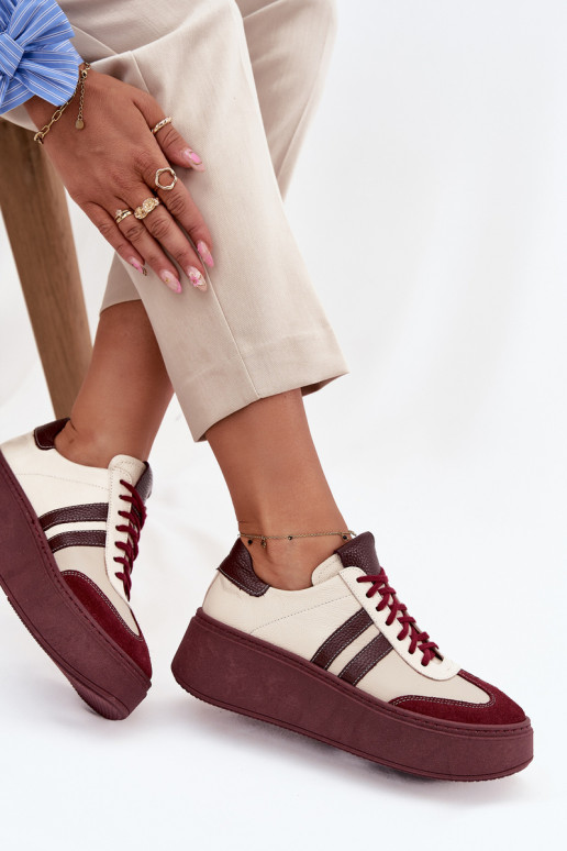 Leer Sneakers model schoenen Dames met platform Zazoo 3775 beige-bordeaux